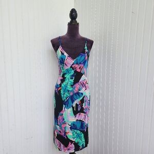 VENUS Black Multicolored Feather Print Stretchy Bodycon Dress Strappy Back Sz S